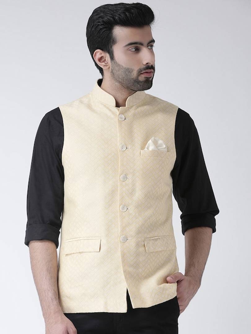 Men's Off White 
Cotton Blend
 Woven Design Nehru Jackets